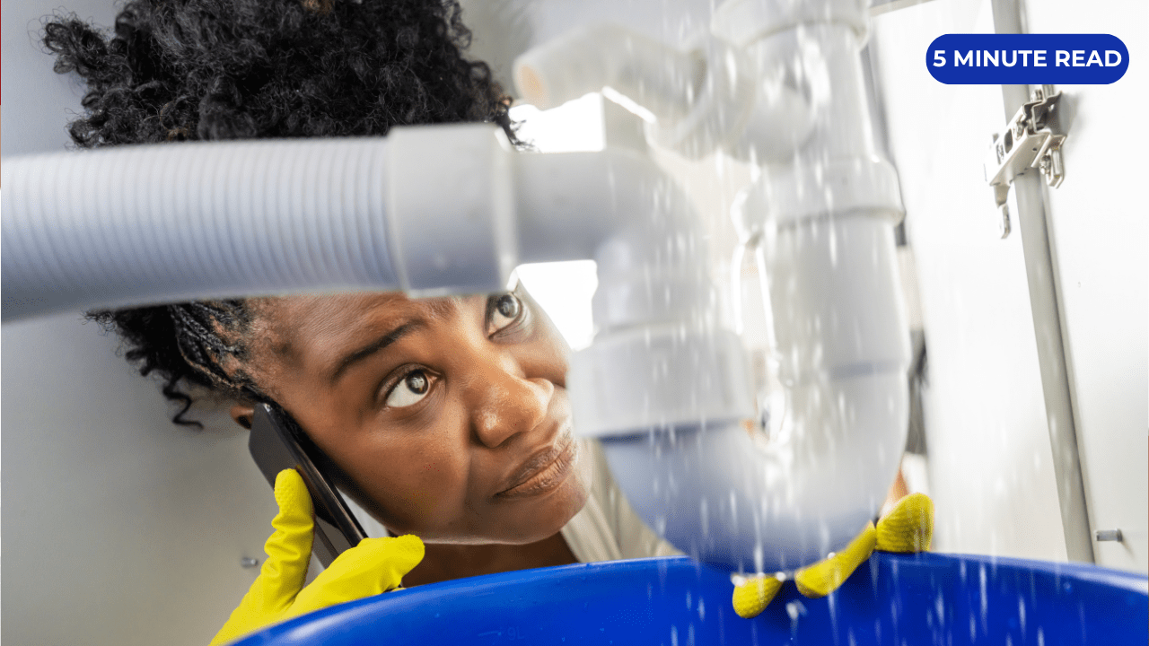 The image shows a woman on the phone looking at a water leak under a sink